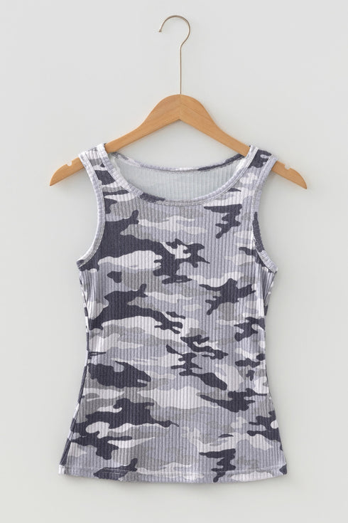Fitted Ribbed Knit Camouflage Print Scoop Neck Tank Top