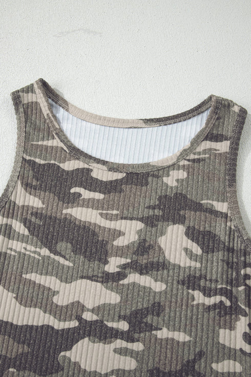 Fitted Ribbed Knit Camouflage Print Scoop Neck Tank Top