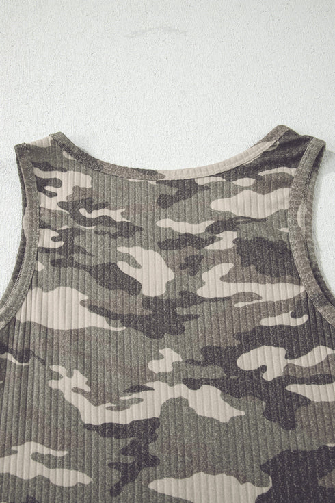 Fitted Ribbed Knit Camouflage Print Scoop Neck Tank Top