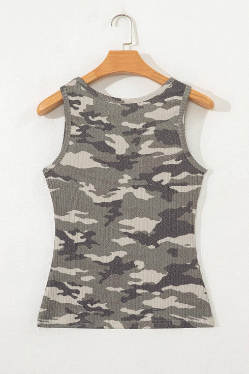 Fitted Ribbed Knit Camouflage Print Scoop Neck Tank Top