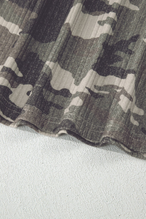 Fitted Ribbed Knit Camouflage Print Scoop Neck Tank Top