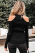 Fitted Ribbed Knit Cold Shoulder Mock Neck Sweater