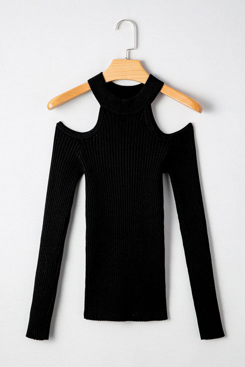 Fitted Ribbed Knit Cold Shoulder Mock Neck Sweater