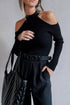 Fitted Ribbed Knit Cold Shoulder Mock Neck Sweater