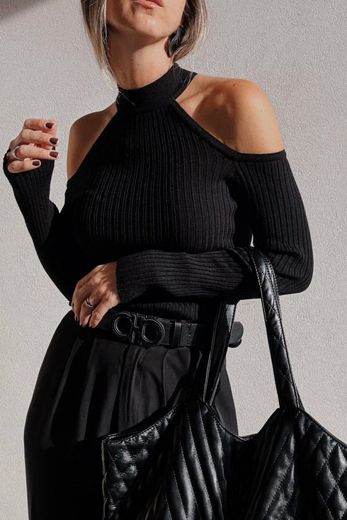 Fitted Ribbed Knit Cold Shoulder Mock Neck Sweater