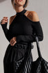 Fitted Ribbed Knit Cold Shoulder Mock Neck Sweater
