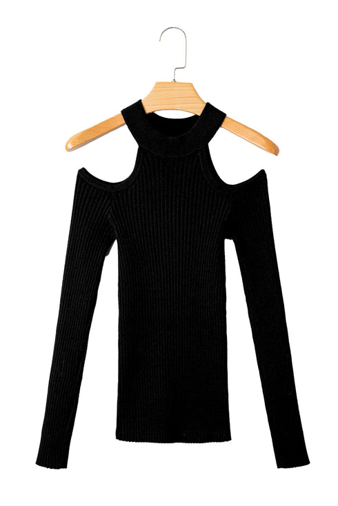 Fitted Ribbed Knit Cold Shoulder Mock Neck Sweater