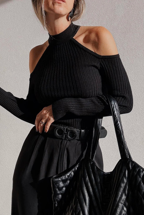 Fitted Ribbed Knit Cold Shoulder Mock Neck Sweater