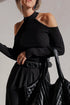 Fitted Ribbed Knit Cold Shoulder Mock Neck Sweater