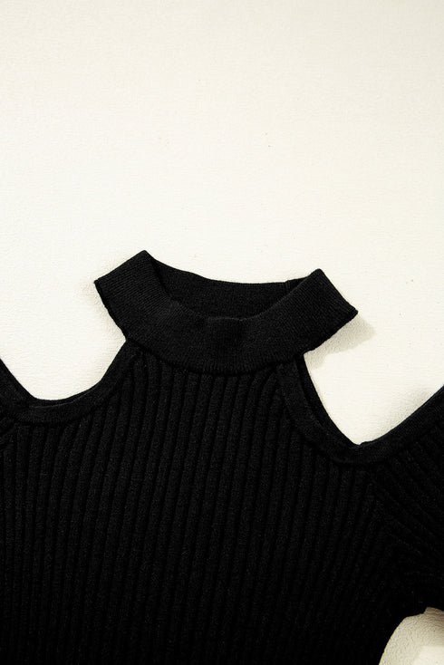 Fitted Ribbed Knit Cold Shoulder Mock Neck Sweater