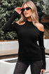 Fitted Ribbed Knit Cold Shoulder Mock Neck Sweater