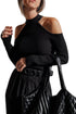 Fitted Ribbed Knit Cold Shoulder Mock Neck Sweater