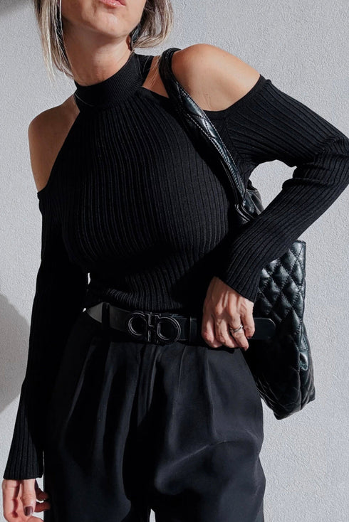 Fitted Ribbed Knit Cold Shoulder Mock Neck Sweater