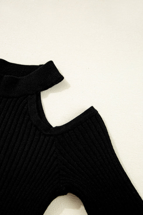 Fitted Ribbed Knit Cold Shoulder Mock Neck Sweater