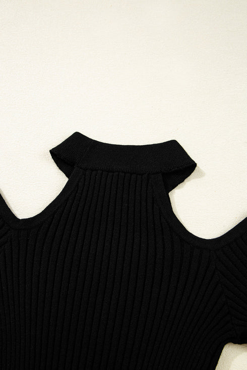 Fitted Ribbed Knit Cold Shoulder Mock Neck Sweater
