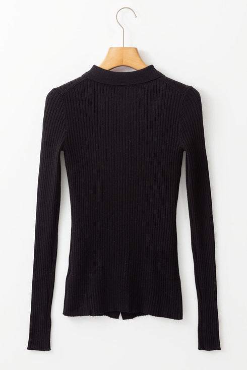 Fitted Ribbed Knit Collared Button Front Cardigan