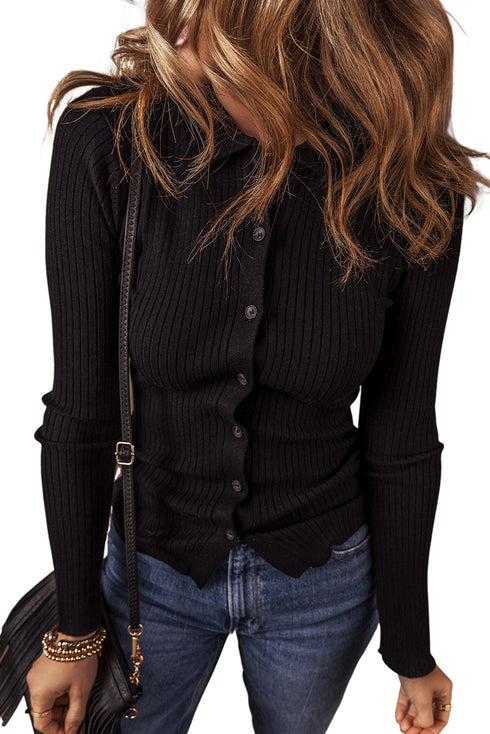 Fitted Ribbed Knit Collared Button Front Cardigan