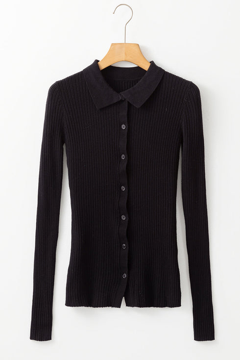 Fitted Ribbed Knit Collared Button Front Cardigan