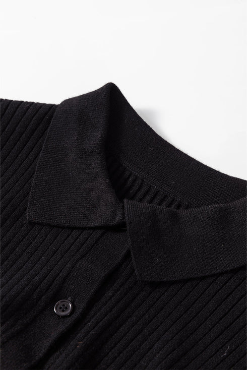 Fitted Ribbed Knit Collared Button Front Cardigan