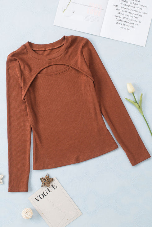 Fitted Ribbed Knit Long Sleeve Peekaboo Cutout Top