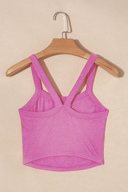 Fitted Ribbed Knit Scoop Neck Curved Hem Tank Top