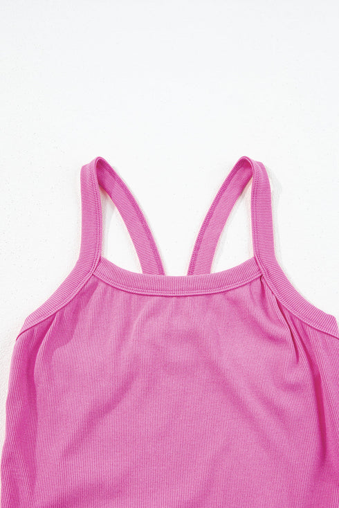 Fitted Ribbed Knit Scoop Neck Curved Hem Tank Top