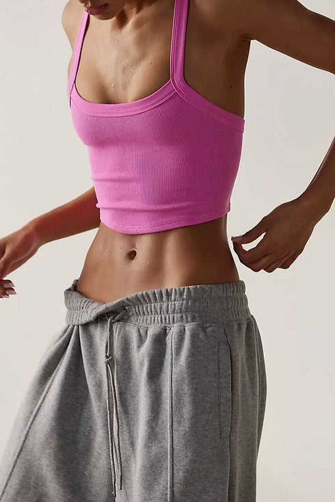 Fitted Ribbed Knit Scoop Neck Curved Hem Tank Top