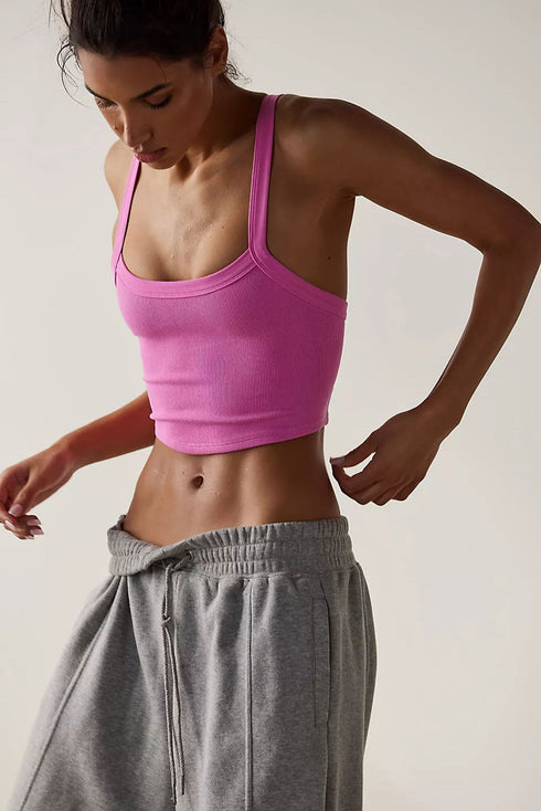 Fitted Ribbed Knit Scoop Neck Curved Hem Tank Top