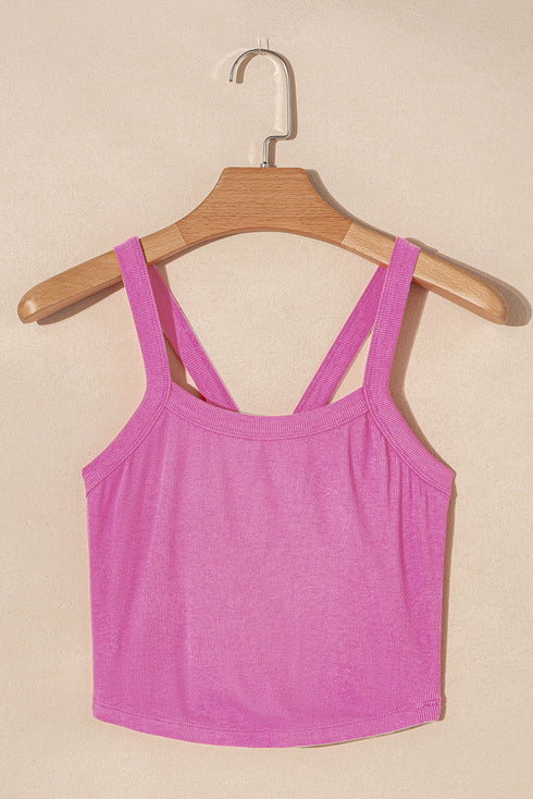 Fitted Ribbed Knit Scoop Neck Curved Hem Tank Top