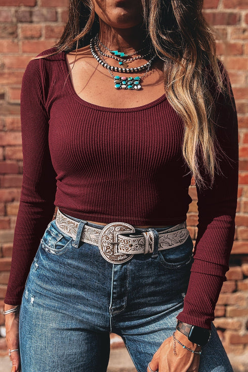 Fitted Ribbed Long Sleeve U Neckline Cropped Top