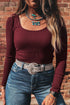 Fitted Ribbed Long Sleeve U Neckline Cropped Top