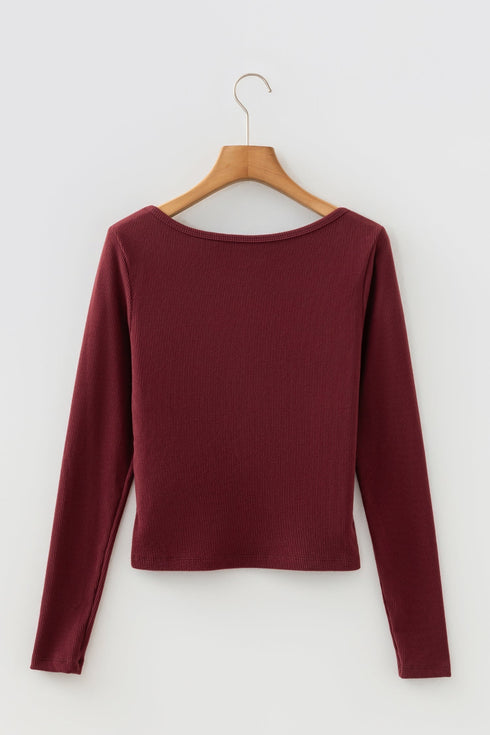 Fitted Ribbed Long Sleeve U Neckline Cropped Top