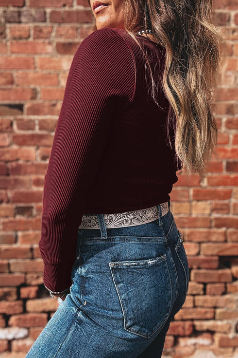 Fitted Ribbed Long Sleeve U Neckline Cropped Top