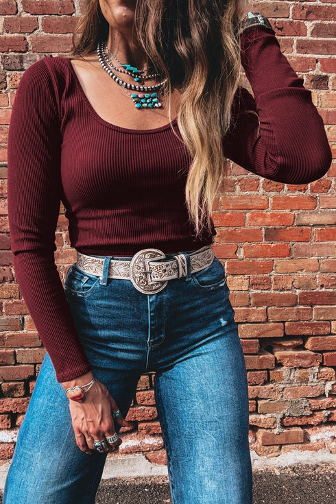 Fitted Ribbed Long Sleeve U Neckline Cropped Top