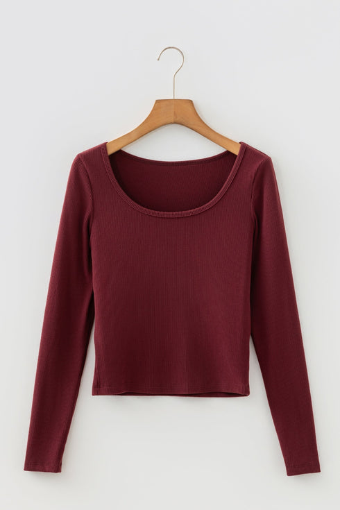 Fitted Ribbed Long Sleeve U Neckline Cropped Top