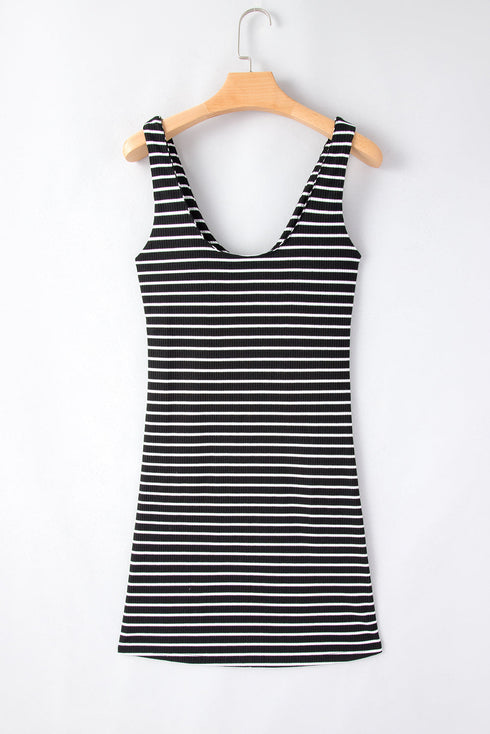 Fitted Scoop Neck Striped Ribbed Knit Dress