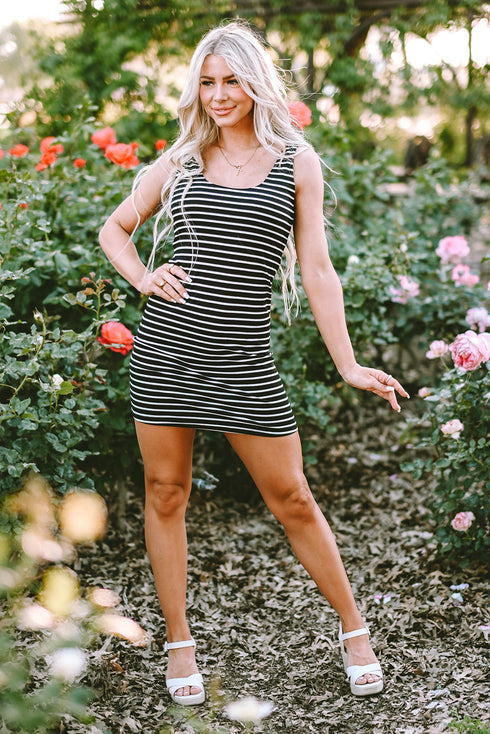 Fitted Scoop Neck Striped Ribbed Knit Dress