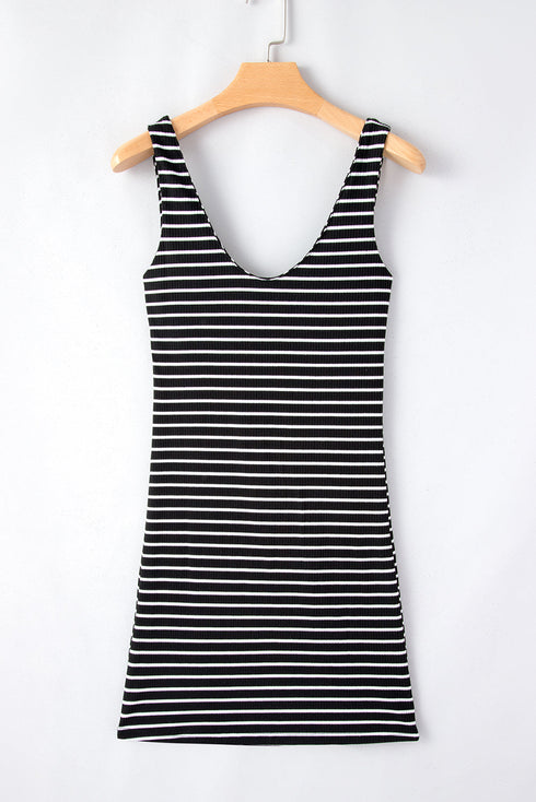 Fitted Scoop Neck Striped Ribbed Knit Dress