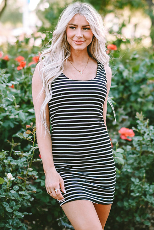 Fitted Scoop Neck Striped Ribbed Knit Dress