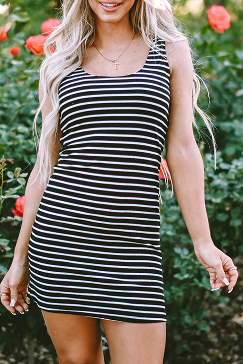 Fitted Scoop Neck Striped Ribbed Knit Dress