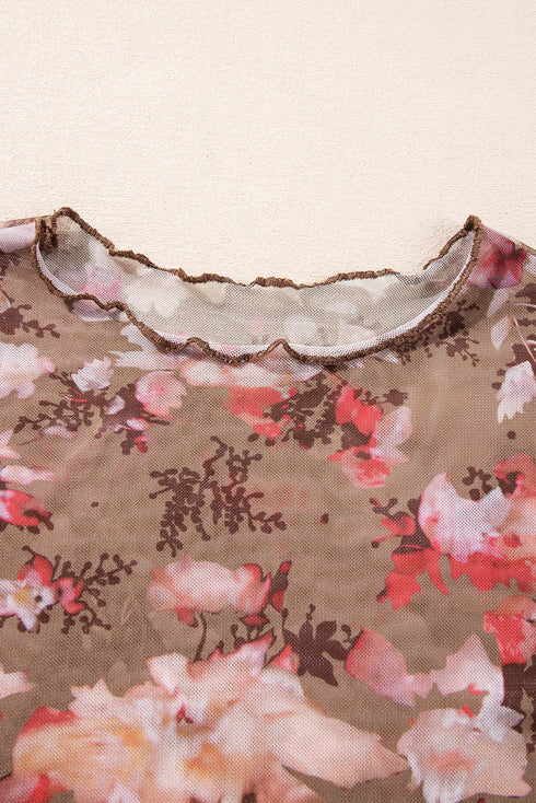 Fitted Sheer Mesh Floral Print Long Sleeve Top