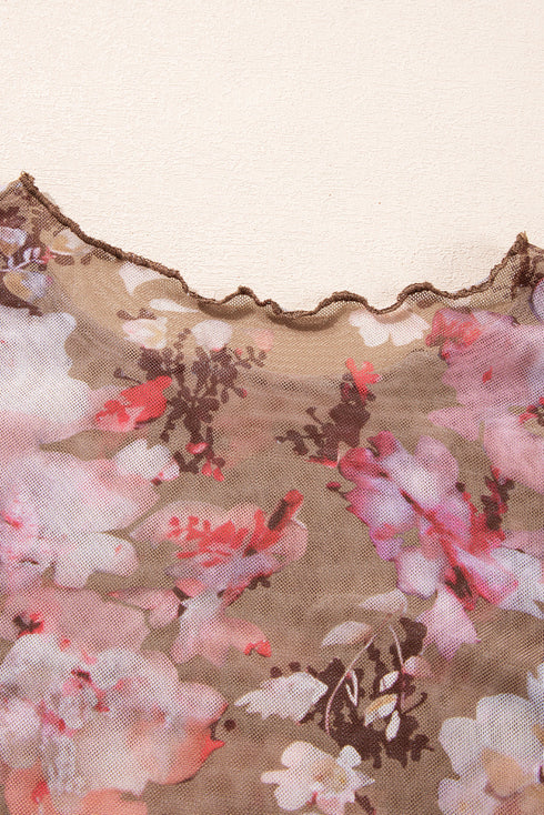 Fitted Sheer Mesh Floral Print Long Sleeve Top
