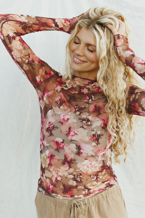 Fitted Sheer Mesh Floral Print Long Sleeve Top