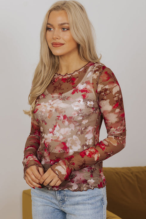 Fitted Sheer Mesh Floral Print Long Sleeve Top