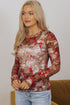 Fitted Sheer Mesh Floral Print Long Sleeve Top