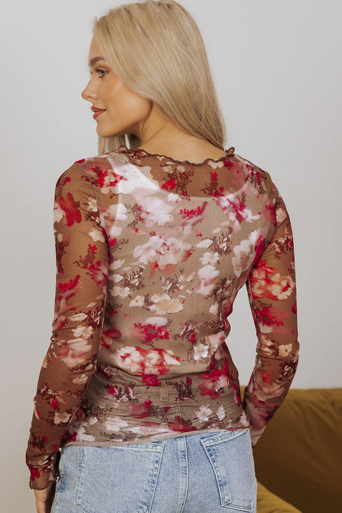 Fitted Sheer Mesh Floral Print Long Sleeve Top
