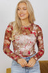 Fitted Sheer Mesh Floral Print Long Sleeve Top