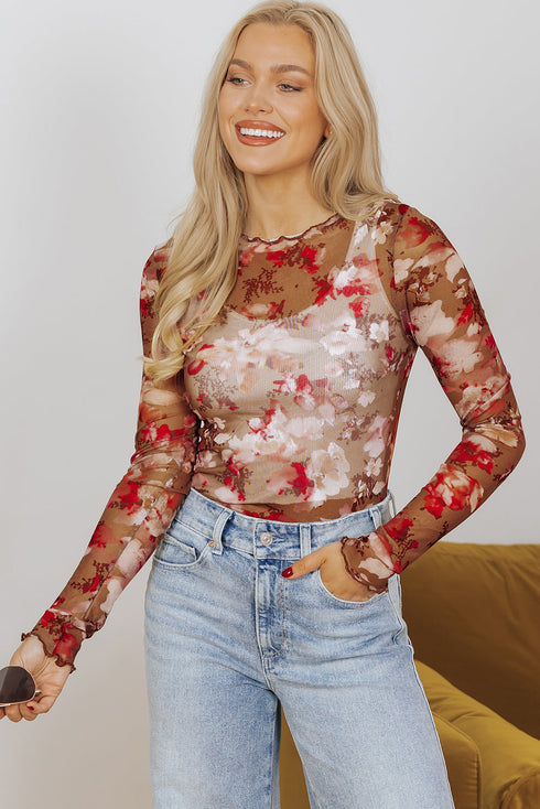 Fitted Sheer Mesh Floral Print Long Sleeve Top