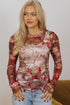 Fitted Sheer Mesh Floral Print Long Sleeve Top
