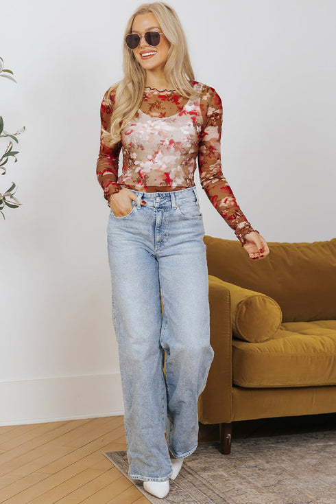 Fitted Sheer Mesh Floral Print Long Sleeve Top